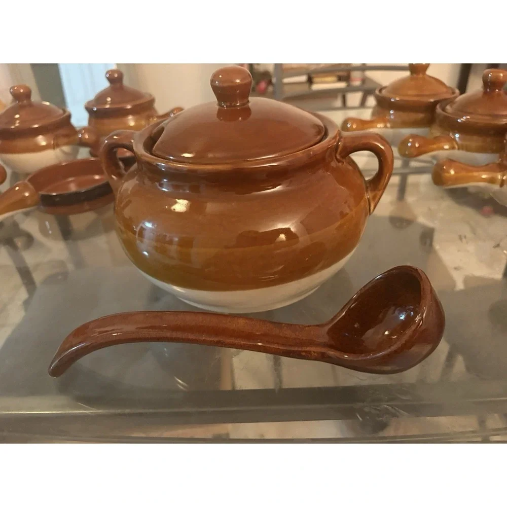 VTG Brown Drip Glaze Ceramic Soup Tureen Ladle Lid Bowls Ramekins Set Made China